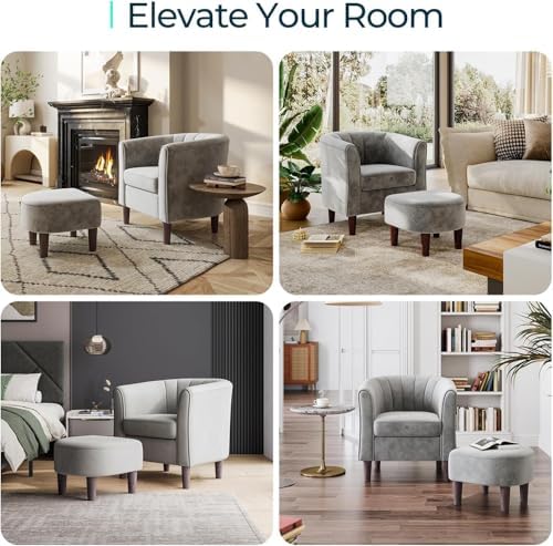 LINSY Accent Chair with Ottoman, Modern Barrel Chair Small Armchair Reading Chair with Footrest, Comfy Round Arms Chair for Living Room Bedroom Reading Room, Velvet(Grey)