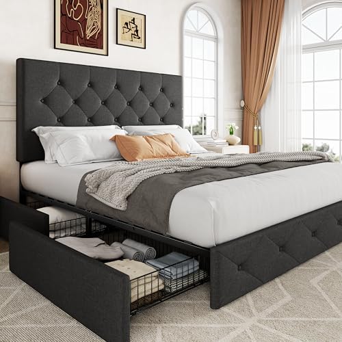 Allewie Queen Size Storage Bed Frame with 4 Underbed Drawers, Upholstered Platform Bed with Adjustable Headboard, Diamond Button Tufted, Easy Assembly, Noise-Free, No Box Spring Needed, Dark Grey