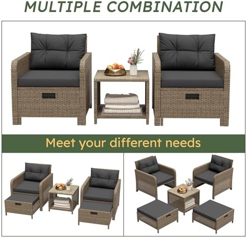 LHBcraft 5 Piece Patio Furniture Set, PE Wicker Outdoor Furniture Set with Soft Cushions & Coffee Table, Outdoor Lounge Chairs with Ottoman for Porch, Lawn, Balcony, Sand-Black