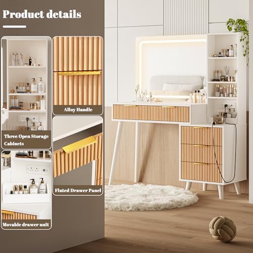 Makeup Vanity Desk with Mirror and Lights, Makeup Desk with 3 Shelves& 5 Drawers, Vanity Table with Power Outlet, 3 Color Adjustable Lighting Dressing Table Set for Bedroom