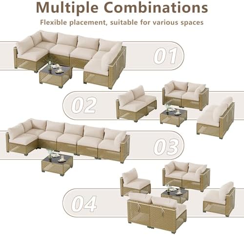 LOUVIXA 7 Piece Outdoor Patio Furniture Set, Outdoor Sectional Sofa, Wicker Rattan Patio Furniture, Patio Conversation Set with Coffee Table & Cushions
