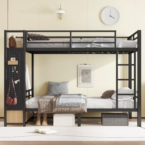 Bellemave Full Over Full Size Metal Bunk Bed with Storage Shelves and Drawers, Heavy Duty Bunk Beds with Clothes Hooks for Adults, Teens, Kids, Black