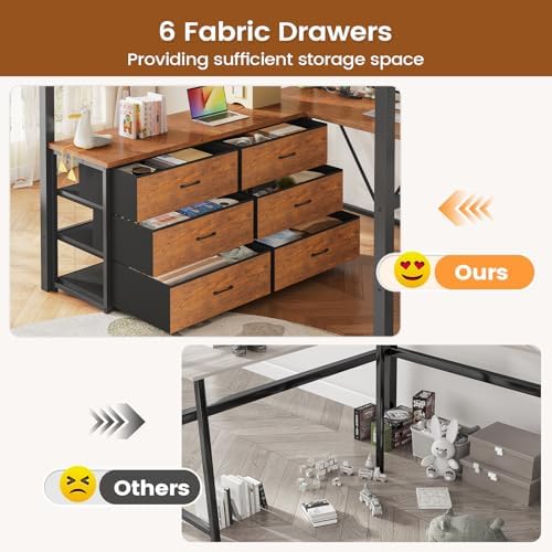 Itaar Full Size Loft Bed with Desk and Storage Stairs, Metal Loft Bed with 6 Storage Drawers, Hall Tree, LED Lights and Power Outlet, for Kids, Teens, Adults, (Rustic Brown, Full)