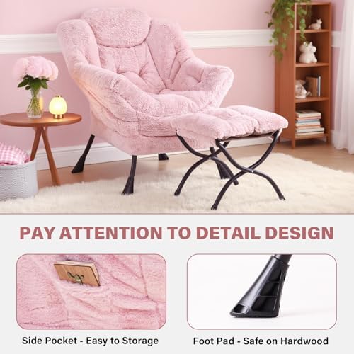 Tiita Lazy Chair with Ottoman, Comfy Reading Accent Chair, Plush Pink