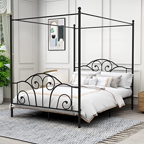 Queen Size Four-Poster Metal Canopy Bed Frame, Black