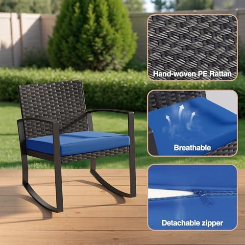 Qsun 3 Piece Patio Bistro Set Patio Furniture Set Outdoor Wicker Rocking Furniture Conversation Set with Tempered Glass Coffee Table for for Front Porch Balcony and Deck (Blue Cushion)
