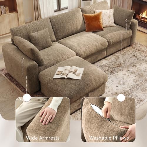 Ihanherry Cloud Sectional Couches for Living Room, 110" Large Modular Sectional Sofa with Wide Deep Seat, L Shaped Couch with Throw Pillow and Storage Ottoman, Brown
