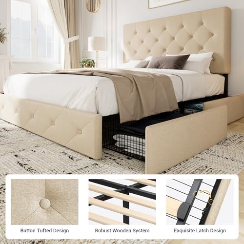 Allewie Full Size Storage Bed Frame with 4 Underbed Drawers, Upholstered Platform Bed with Adjustable Headboard, Diamond Button Tufted, Easy Assembly, Noise-Free, No Box Spring Needed, Beige