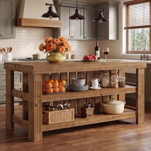 63" Solid Wood Kitchen Island with Storage and Seating, 3-Tier