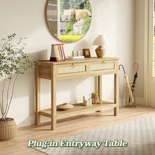 SUPERJARE Rattan Console Sofa Table with Outlets, USB-C Port and 3 Drawers