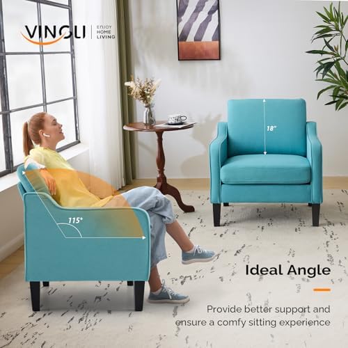 VINGLI Accent Chair, Linen Upholstered Teal Blue Armchair for Living Room