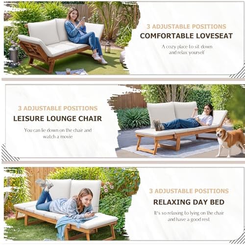 Devoko Outdoor Couch Acacia Wood Outdoor Sofa Balcony Furniture (White)