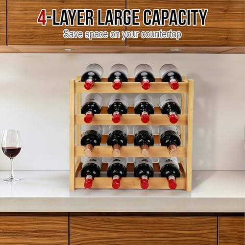 Bamboo Wine Rack, 4-Tier 16 Bottles Wine Storage Cabinet Shelf