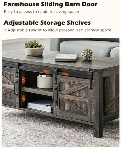OKD 48" Farmhouse Lift Top Coffee Table, Sliding Barn Door, Dark Rustic Oak