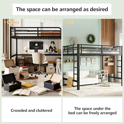 Bellemave Queen Size Loft Bed Frame with 2 Ladder, Sturdy Metal Construction & High Guardrail, Space-Saving Queen Loft Bed for Kids, No Box Spring Needed, Safe for Kids, Adults, Teens, Dorms, Black