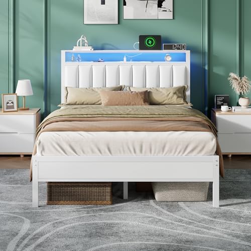 Furnulem White Full Size Bed Frame with Charging Station & LED Lights