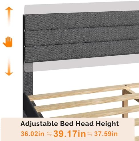 VINGLI King Size Bed Frame and Headboard,Panel Soft Bed with Linen Fabric Upholstered Padding, Low Profile Bed with Durable Wooden Slats Support, No Squeak, Dark Gray