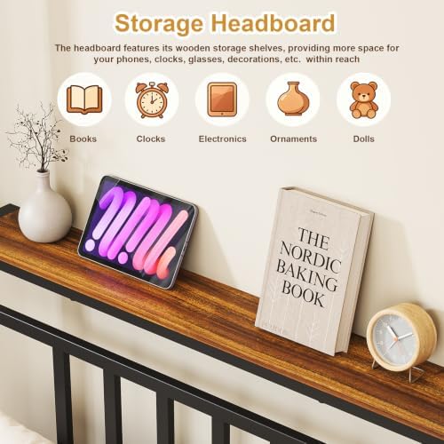 Twin Canopy Bed Frame with Storage Headboard Minimalist Style 4 Posters Bed