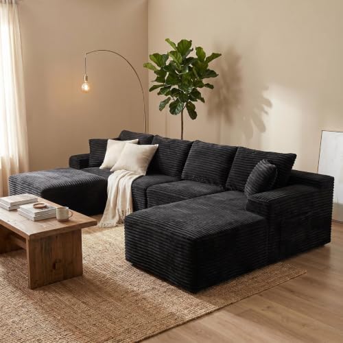 135-Inch U-Shaped Compressed Cloud Sofa Modular Boneless Cloud Sectional Sofa W/Right Facing Chaise Lounger and Ottoman, Oversized Plush Corduroy Corner Boneless Foam Couches