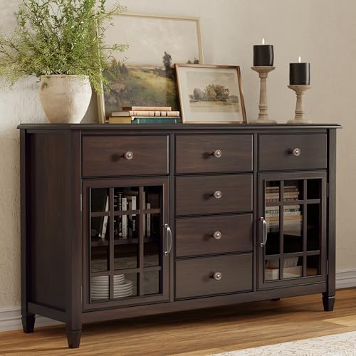 SIMPLIHOME Connaught 60" Wide Solid Wood 3-Door Buffet in Chestnut Brown