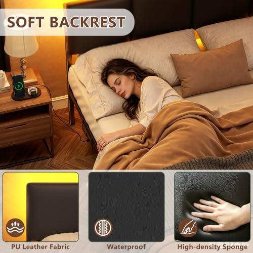 Furnulem Queen Bed Frame with PU Upholstered Headboard and Charging Station