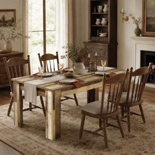 Garvee Wood Farmhouse Dining Table for 4-6, Heavy Duty Large Kitchen Table, 63 Inches Long Rectangular Dining Room Tables with Strong Legs, Thickness Tabletop, for Big Family, Dinette, Rustic Brown