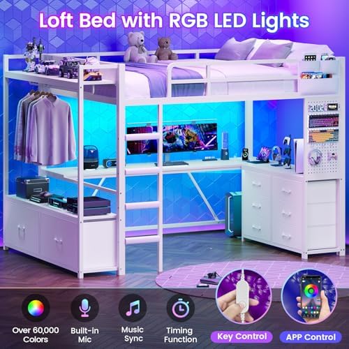 Itaar Twin Loft Bed with L-Shaped Desk & 8 Storage Drawers, Metal Kids Twin Loft Bed with Led Lights, Charging Station, Hall Tree, Safety Guard & Ladder, No Box Spring Needed, White