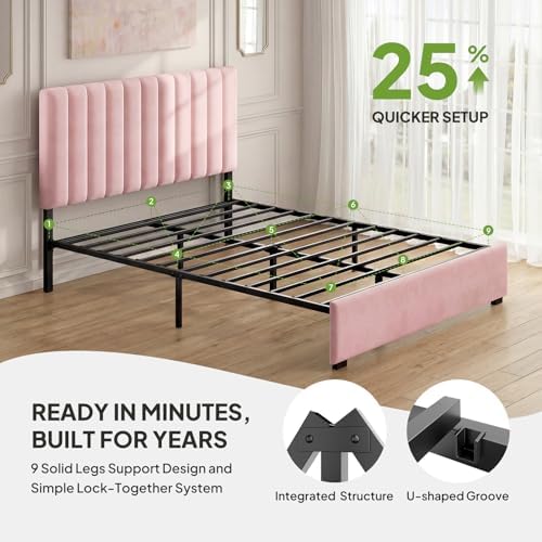 Welzona Full Size Velvet Upholstered Bed Frame with Tufted Headboard, Pink
