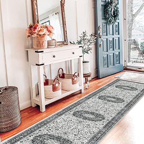 Hallway Washable Runner Rug - 2x10 Kitchen Rugs Entryway Rug Runner Vintage Soft Floor Mat Non Slip Indoor Farmhouse Carpet for Bathroom Living Room Bedroom (2 X 10, Grey)