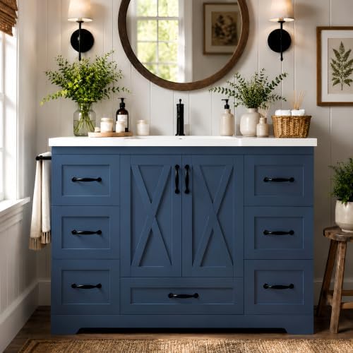 YOPTO 48" Bathroom Vanity with Sink, Freestanding Bathroom Cabinet | Ceramic Top & Backsplash, 7 Storage Drawers, X-Shaped Doors, Adjustable Shelving, Door Storage and Towel Bar, Navy Blue