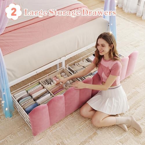 Homkdom Full Canopy Bed Frame with 2 Drawers and LED & Charging,Pink