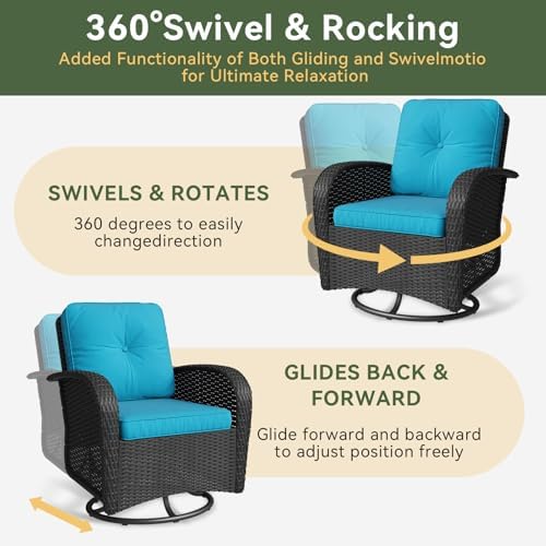 Aoxun 3 Pieces Patio Furniture Set, Patio Swivel Rocker Chairs Set of 2, Wicker Outdoor Bistro Set with Rocking Chair, Thickened Cushions and Table for Porch (Peacock Blue)