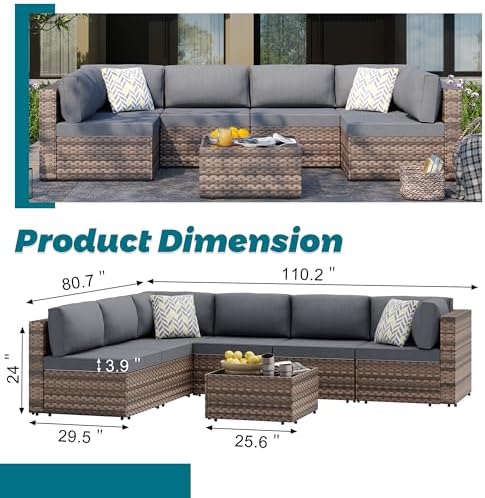 SUNLEI 7 Piece Patio Furniture Sets, Low Back All-Weather Rattan Sectional Sofa with Tea Table&Washable Couch Cushions, Patio Furniture Sets, Brown Rattan