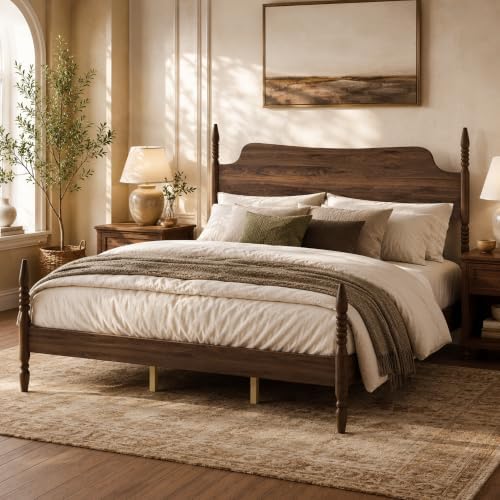 King Farmhouse Wood Platform Bed Frame with Headboard, Walnut Poster Bed