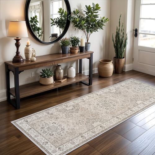 Washable 2x5 Hallway Runner Rug: Vintage Water Resistant Kitchen Entryway Rug Ultra Soft Living Room Bedroom Carpet with Non Slip Backing Indoor Low Pile Floor Mat for Bathroom Dining Room(2X5,Beige)