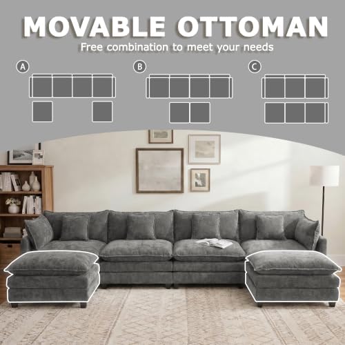 148" Modular Sectional Sofa, U Shaped Cloud Couch with 2 Ottomans