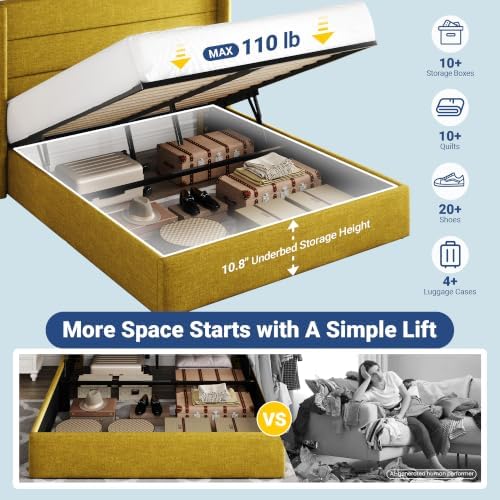 Allewie Queen Size Lift Up Hydraulic Storage Bed Frame Olive Yellow