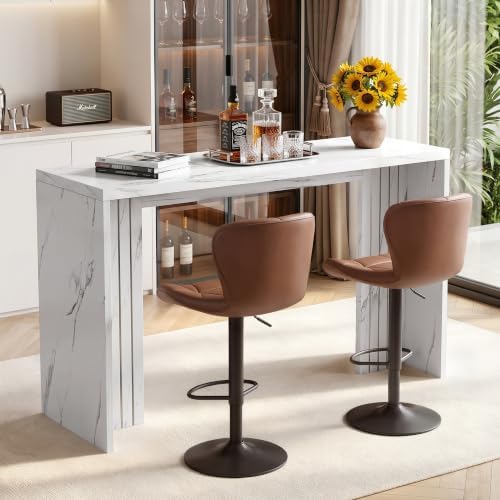 Miereirl 55" Bar Table, Marble Bar Height Table, 36.4" High Pub Table with Thick Tabletop, Narrow Entryway Table Sofa Table, Counter Height Dining Table for Living Room, Kitchen (White Marble)