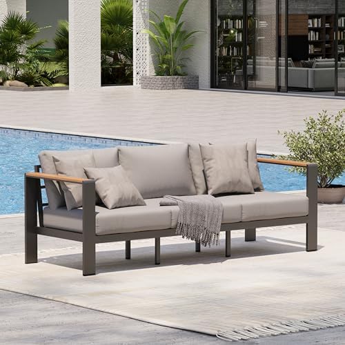 Aluminum Outdoor Patio Furniture, 3 Seats All-Weather Outdoor Patio Sofa with Washable Thick Cushion, Patio Sofa Couch for Porch, Balcony, Deck, Yard, Gray