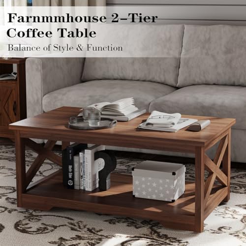 WERSMT 4 Piece Farmhouse Table Set with 66" TV Stand, Walnut