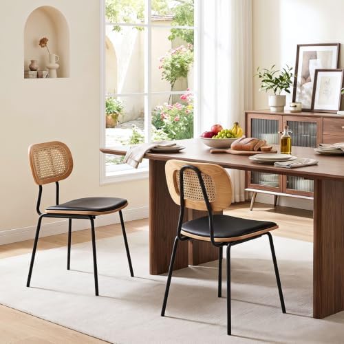 CIMOTA Rattan Dining Chairs Set of 2, Cane Back Kitchen Chairs with Metal Legs, Faux Leather Seat, Armless Dining Room Chairs for Kitchen, Black