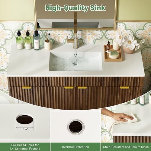 CARPETNAL 48 Inch Bathroom Vanity with Sink, Walnut. | Modern Fluted Bathroom Vanity with Sink with Storage Cabinet, Adjustable Shelf and 2 Soft Closing Doors & 4 Drawers.