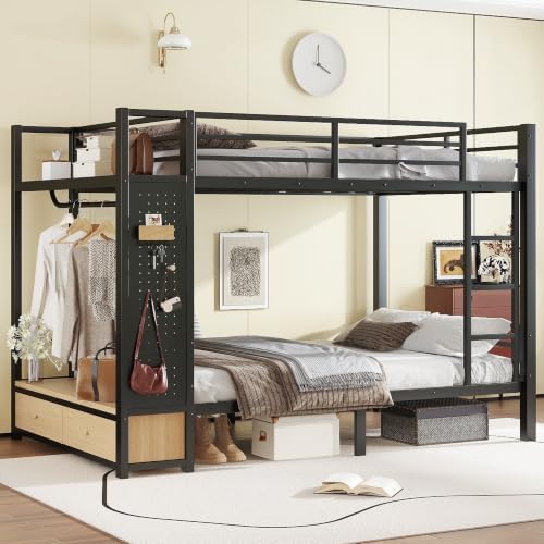 Bellemave Full Over Full Size Metal Bunk Bed with Storage Shelves and Drawers, Heavy Duty Bunk Beds with Clothes Hooks for Adults, Teens, Kids, Black