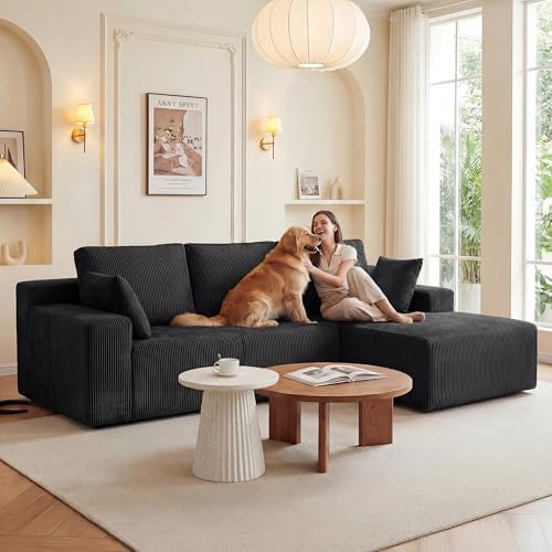 GRUSIGN Cloud Sectional Boneless Couches for Living Room, Modular L Shaped Couch with Deep Seat Oversized Right Facing Chaise, Memory Foam Compressed Spineless 3 Seater Sofa for Apartment, Black