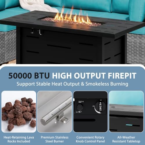 Shintenchi 6 Piece Outdoor Patio Furniture Set with 43 Inch Propane Fire Pit, Washable Cushions, Glass Coffee Table, Waterproof Cover & CSA Certified for Backyard Poolside, Silver PE Rattan/Blue