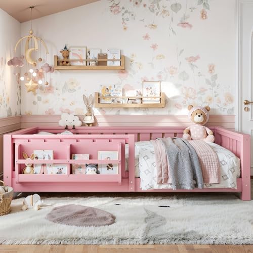 Bellemave Twin Floor Bed with Rails and Slats, Twin Size Montessori Floor Bed with Bookshelf and Fence, Easy Assemble Montessori Beds Frame for Girls, Boys, Pink