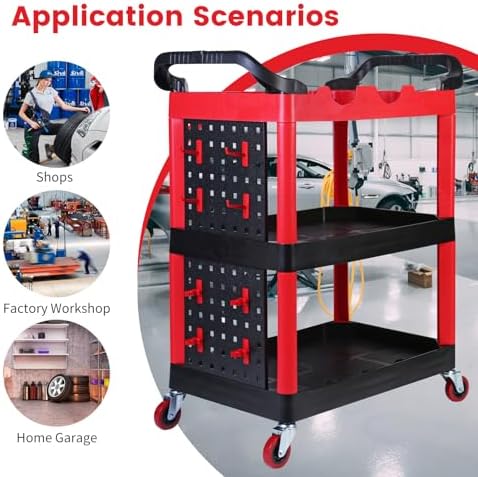 MaxWorks 50886 3 Shelf Rolling Utility Service Cart with Storage Carts and Bottle Holders with Side Hanging Hook 440-lb Capacity