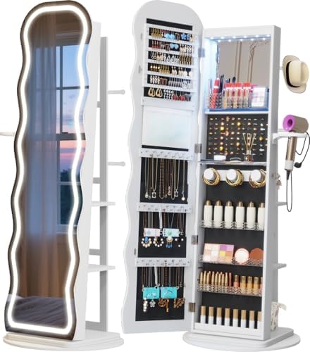Vlsrka LED Mirror Jewelry Cabinet Standing, 360° Swivel, White | Lockable Jewelry Armoire with Mirror, Interior LED Makeup Mirror, Foldable Shelf, Large Capacity, Gift for Women, Girls