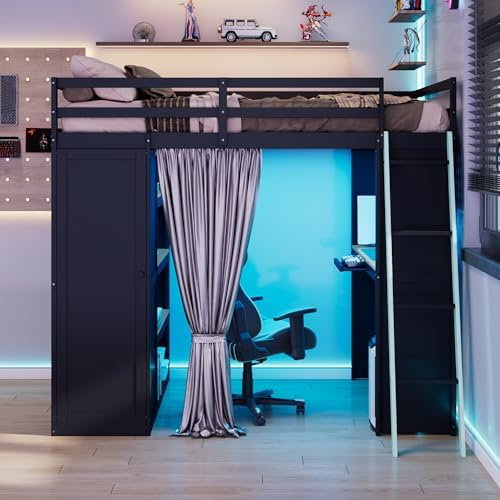 Merax Full Size Loft Bed with Desk and 6 Storage Shelves, Wardrobe, Blackout Curtain, Solid Wood Gaming Loft Bed Frame with USB Port & RGB Lights, No Box Spring Needed, Space-Saving, Black+Blue