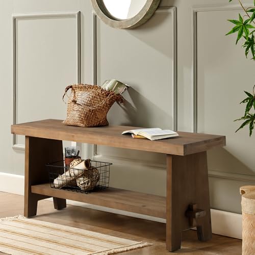 HOKYHOKY Wood Entryway Bench - 43.3" Farmhouse Long Storage Bench, Indoor